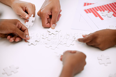 Buy stock photo Puzzle, hands and group of people in solution, teamwork and data goals, charts or graphs connection. Team building, mission and development of women and men problem solving, synergy or collaboration