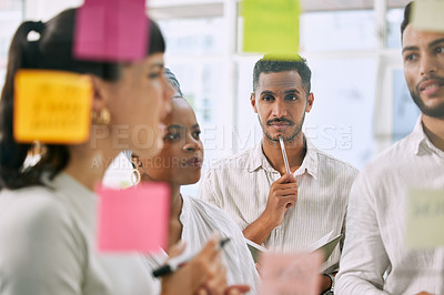 Buy stock photo Thinking, meeting and business people on glass board brainstorming, workflow management or problem solving. Teamwork, planning and woman and man collaboration, project solution and sticky notes ideas