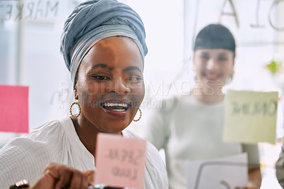 Buy stock photo Teamwork, planning and business people on glass board in brainstorming, project workflow and happy for goals. Diversity employees or African woman ideas, collaboration and solution on sticky notes