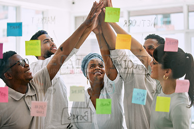 Buy stock photo High five, business people and sticky notes for success, teamwork and collaboration goals, winning or support. Yes, celebration and happy women, men or team hands together for help or target on glass