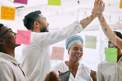 Buy stock photo High five, brainstorming and business people for success, teamwork or collaboration of winning goals in support. Yes, team celebration and happy women, men or hands together for target on glass wall
