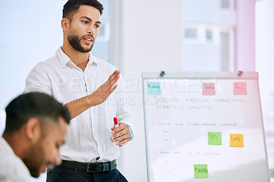 Buy stock photo Business meeting, presentation and people with manager on whiteboard for social media marketing, ideas and planning. Presenter or man speaking to employees, brainstorming and training for job project