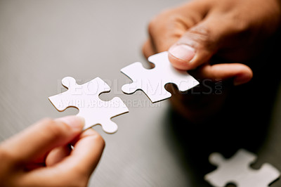 Buy stock photo Puzzle, hands and people or partner for solution, teamwork and goals, achievement or workflow success. Team building, games and development of person or team problem solving, synergy or collaboration