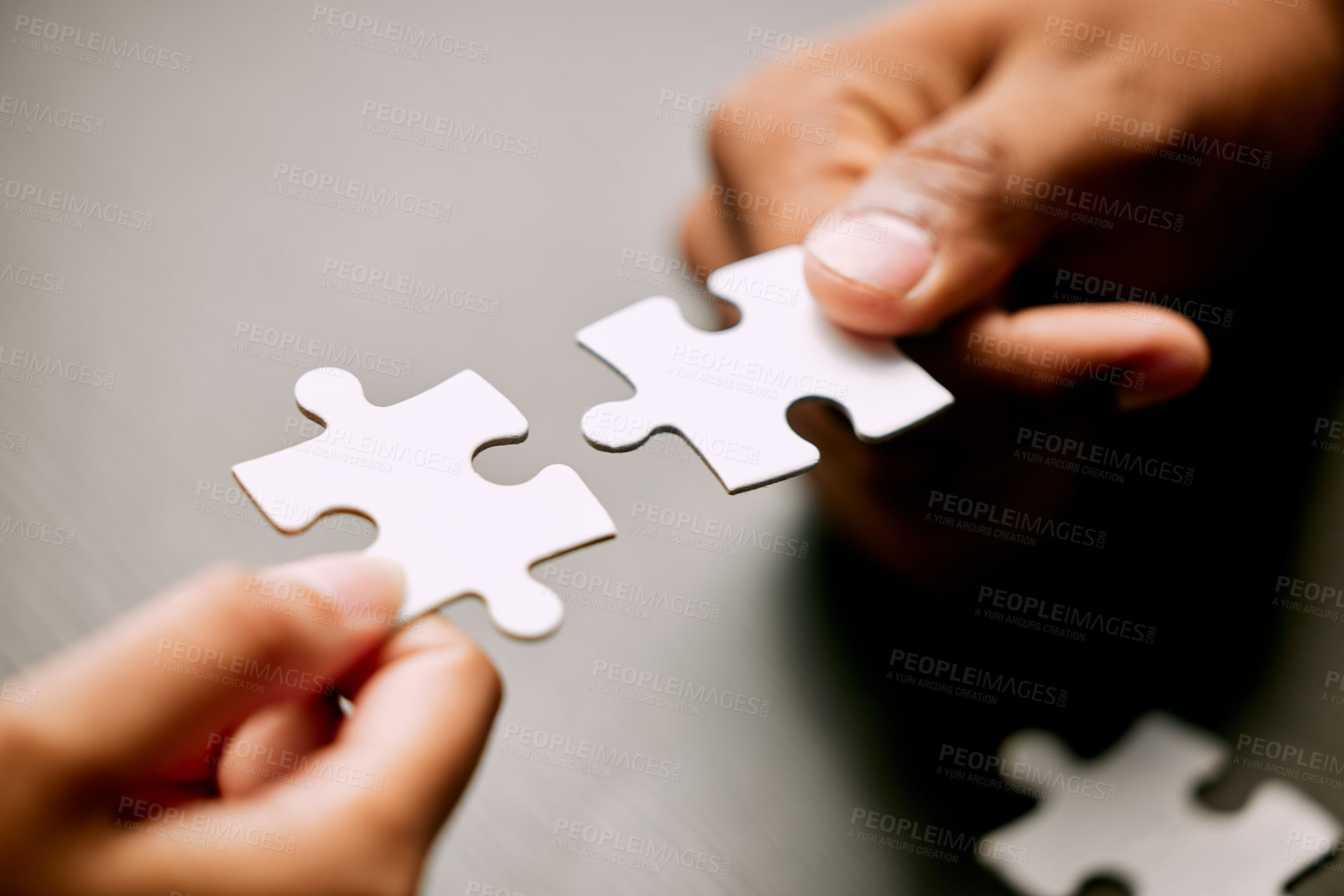 Buy stock photo Puzzle, hands and people or partner for solution, teamwork and goals, achievement or workflow success. Team building, games and development of person or team problem solving, synergy or collaboration