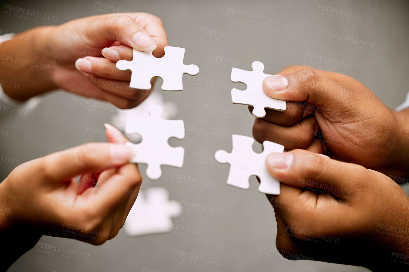 Buy stock photo Puzzle, people hands or partner in teamwork, solution and goals, achievement or workflow success. Team building, games and development of person or team problem solving, integration or collaboration