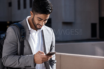 Buy stock photo Happy, city connection and a businessman with a phone for social media, chat or reading an email. Smile, typing and an employee on a mobile app for a gps or notification during a morning commute