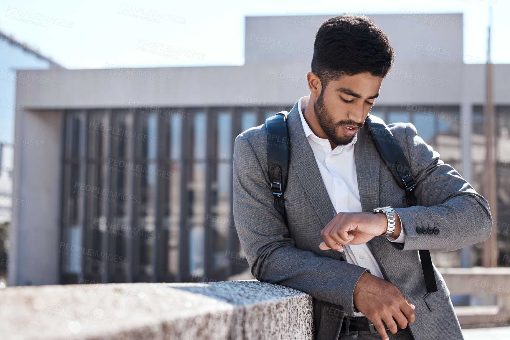 Buy stock photo Watch, time and corporate businessman in the city for cab, taxi or public transport to work. Travel, professional or young male employee waiting with a backpack in an urban town for commuting to work