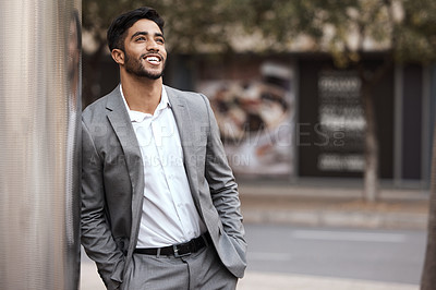 Buy stock photo Thinking, happy and a businessman in the city on a wall for ideas, planning and a vision. Smile, corporate and a man in a suit in town for ideas, a plan or professional happiness for business