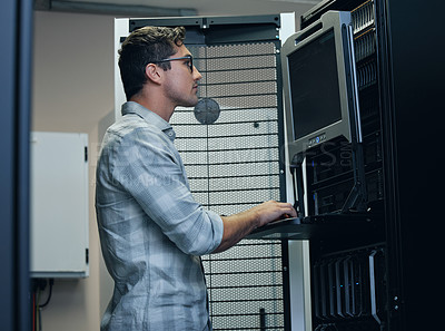 Buy stock photo Man, computer and server room with hardware for security, firewall and safety from cyber attack. Cybersecurity specialist, tech and data center with software for digital forensic analysis or coding