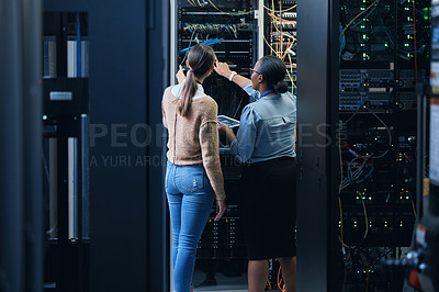 Buy stock photo Server room, engineer and women team with tablet for programming, cybersecurity or cable maintenance. Female technicians together in datacenter for network, software or system upgrade with technology