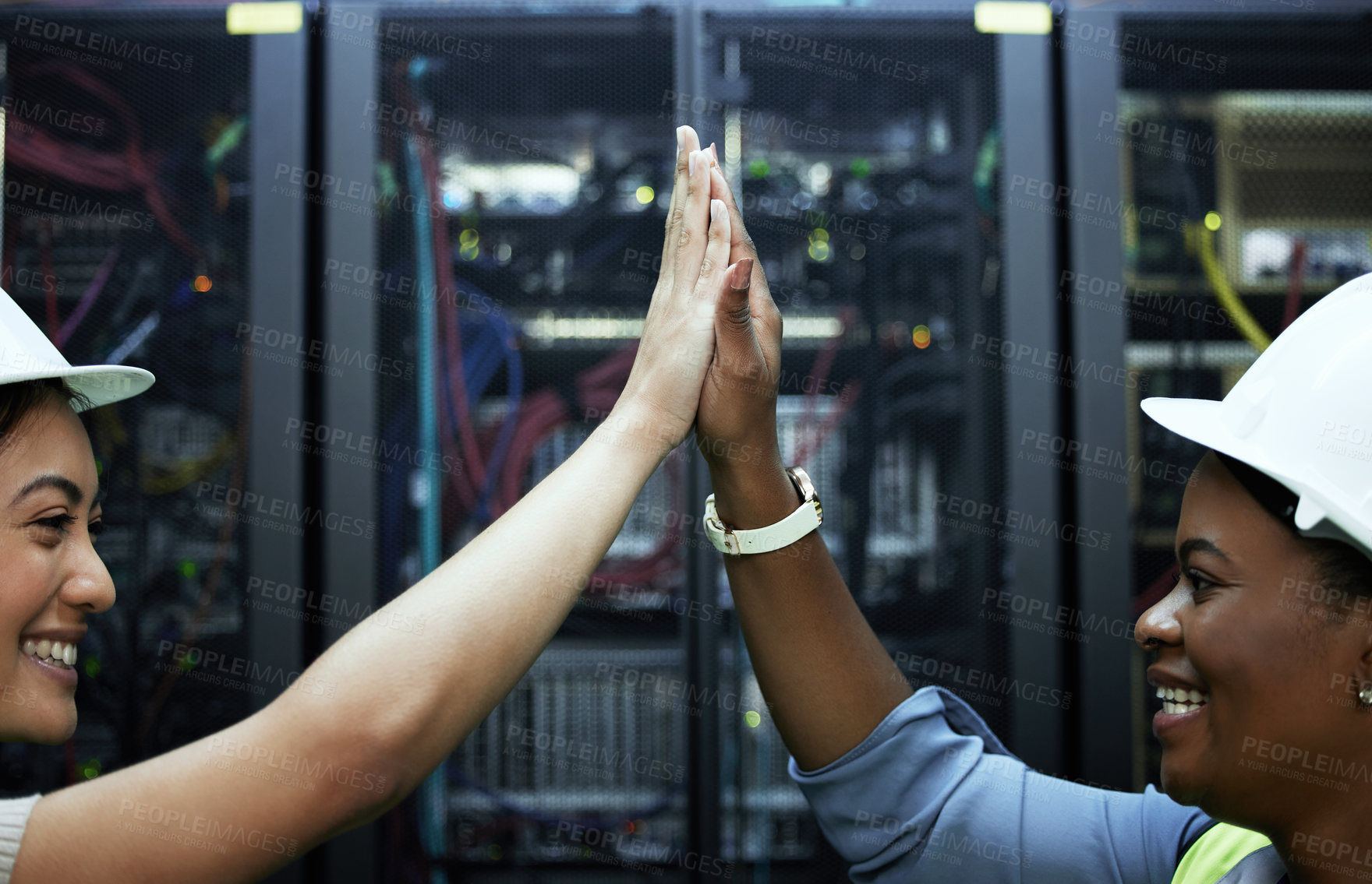 Buy stock photo Technician, teamwork and people high five for success in server room or programming maintenance. Happy, engineer and achievement in datacenter with connection, support and collaboration in system