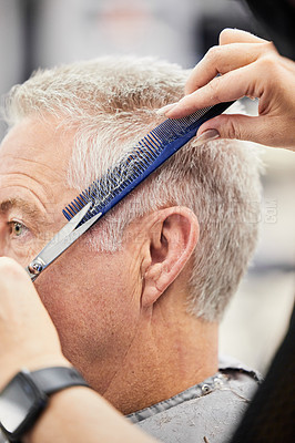 Buy stock photo Hands, scissors and comb with man in salon for haircut by hairdresser, barber and hair care service. Barbershop, hairstylist and elderly person for makeover, grooming and cutting as self care