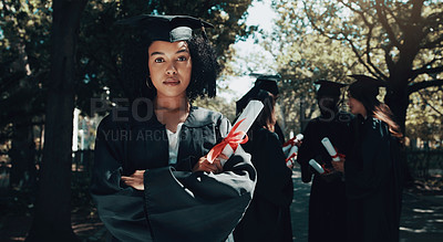 Buy stock photo Campus, graduation and black woman in portrait with certificate, cap and gown with class outdoor. College graduate, student and diploma as achievement, success or celebration ceremony in university