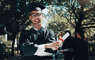 Buy stock photo Campus, graduation and student in portrait with certificate, cap and gown with smile outdoor. College graduate, male person and diploma as achievement, success or celebration ceremony in university