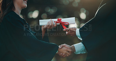 Buy stock photo Hands of people, giving and certificate for graduation on campus, achievement and success with degree. College, graduate or handshake with diploma in education, celebration or ceremony in university