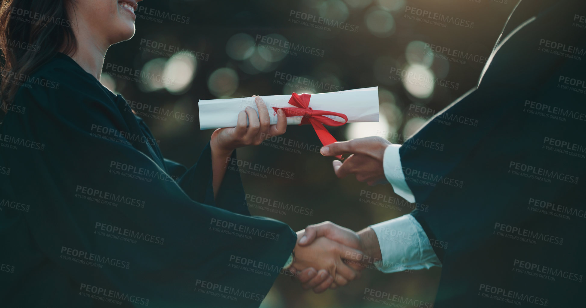 Buy stock photo Hands of people, giving and certificate for graduation on campus, achievement and success with degree. College, graduate or handshake with diploma in education, celebration or ceremony in university