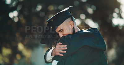 Buy stock photo Hug, graduation and education with friends in college for celebration, scholarship and congratulations. Study, university and success with students hugging on campus for achievement, school and event