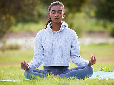 Buy stock photo Yoga, meditation and Indian woman in park for wellness, healthy body and mindfulness in nature. Pilates, mental health and person in lotus pose for calm exercise, peace and spiritual awareness