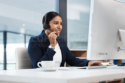 Buy stock photo Call center, woman and talking at computer in office for customer service, tech support and sales consulting. Happy female agent, telemarketing and communication at desktop for telecom, CRM or advice