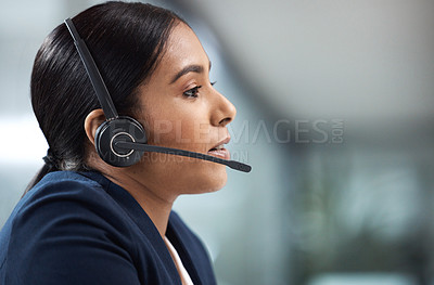 Buy stock photo Talking, telemarketing and business woman in call center office for customer service, help desk or technical support. Crm, contact us and female sales agent, consultant or employee working with mic.