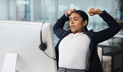 Buy stock photo Call center, fatigue and tired woman stretching at desk after consulting in crm, customer service or contact us in office. Telemarketing, burnout and lady consultant stretch after online support work