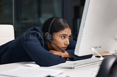 Buy stock photo Tired, call center problem and a woman with a computer for online service, support stress and frustrated. Sad, bored and a customer care employee reading an email on a pc at a telemarketing job
