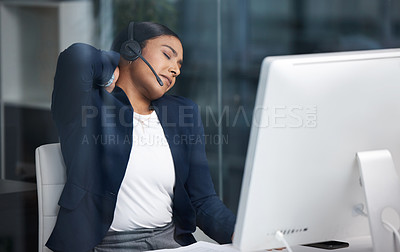Buy stock photo Call center, customer service and woman with back pain in the office while working on an online consult. Medical emergency, sprain neck muscle and female telemarketing agent with crm communication.