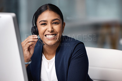Buy stock photo Happy call center, portrait and a woman with a computer at a desk for telemarketing support. Smile, contact us and a customer care employee talking with a headset for advice and help and online sales