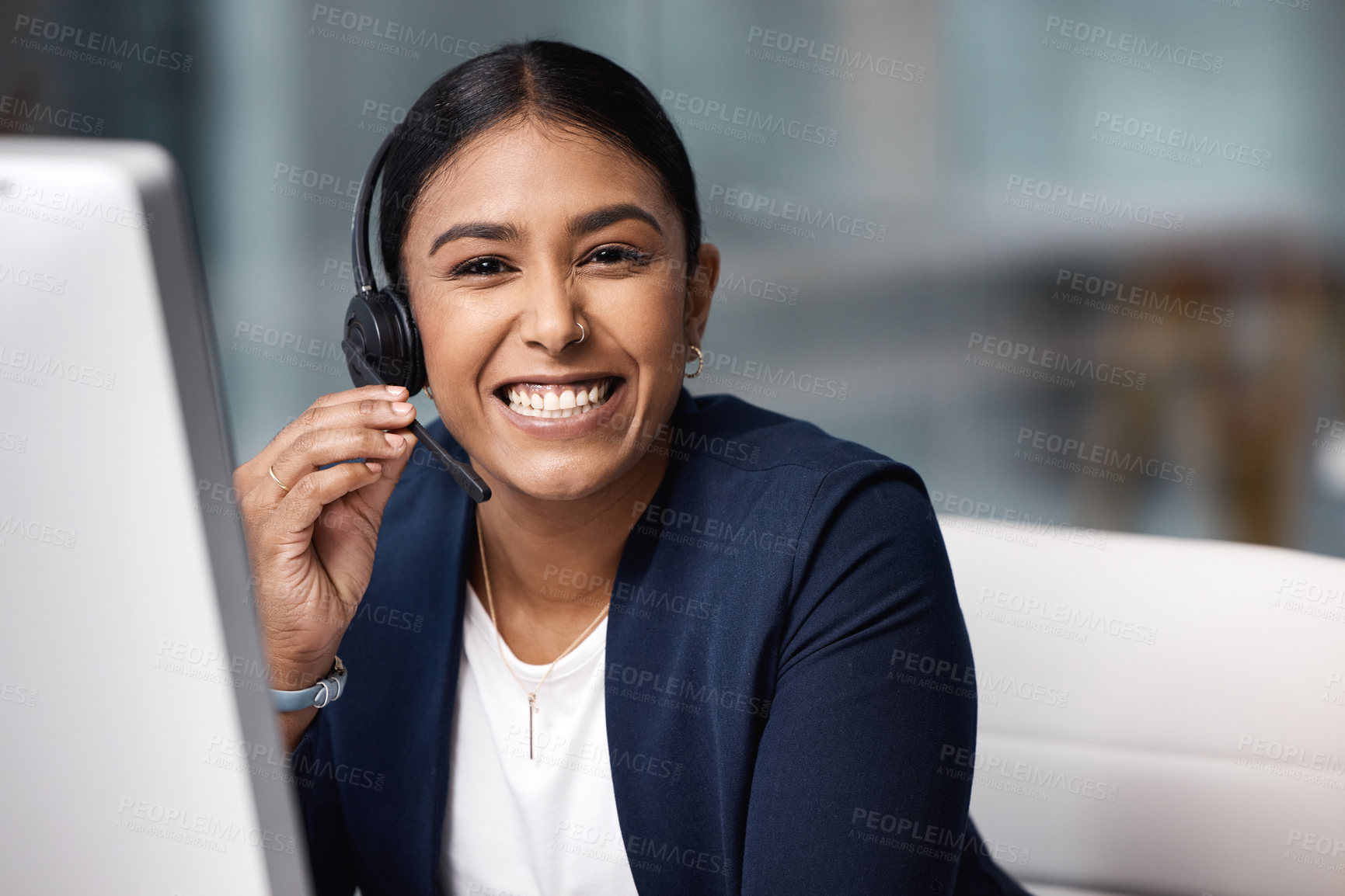 Buy stock photo Happy call center, portrait and a woman with a computer at a desk for telemarketing support. Smile, contact us and a customer care employee talking with a headset for advice and help and online sales