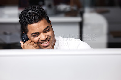 Buy stock photo Telephone, call and happy business man in office talking, smile and planning, contact and networking. Landline, conversation and cheerful male person in discussion, negotiation or startup proposal