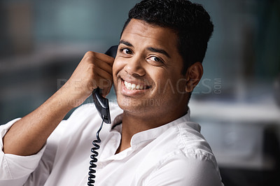 Buy stock photo Landline, portrait and happy business man in office talking, smile and sales contact for networking. Telephone, conversation and face of male person on call, consulting or telemarketing discussion