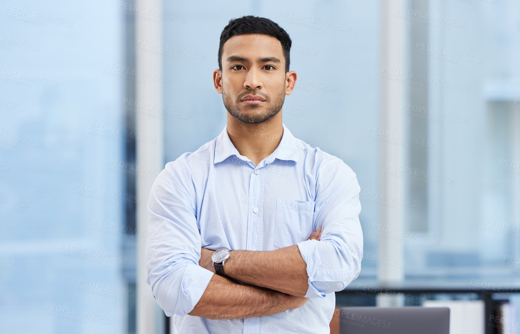 Buy stock photo Serious, arms crossed and portrait of business man in office for confidence, professional or positive mindset. Corporate, financial advisor or male worker for company growth, career pride or startup