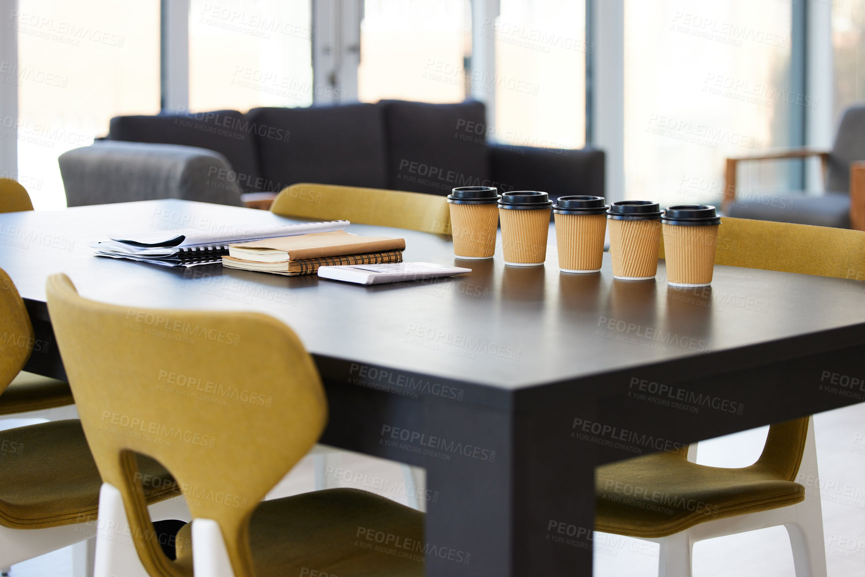 Buy stock photo Empty office, meeting room and coffee on table with paperwork, seminar setup or advisory business workshop. Notebook, paper cup and furniture in boardroom at consulting agency for training conference