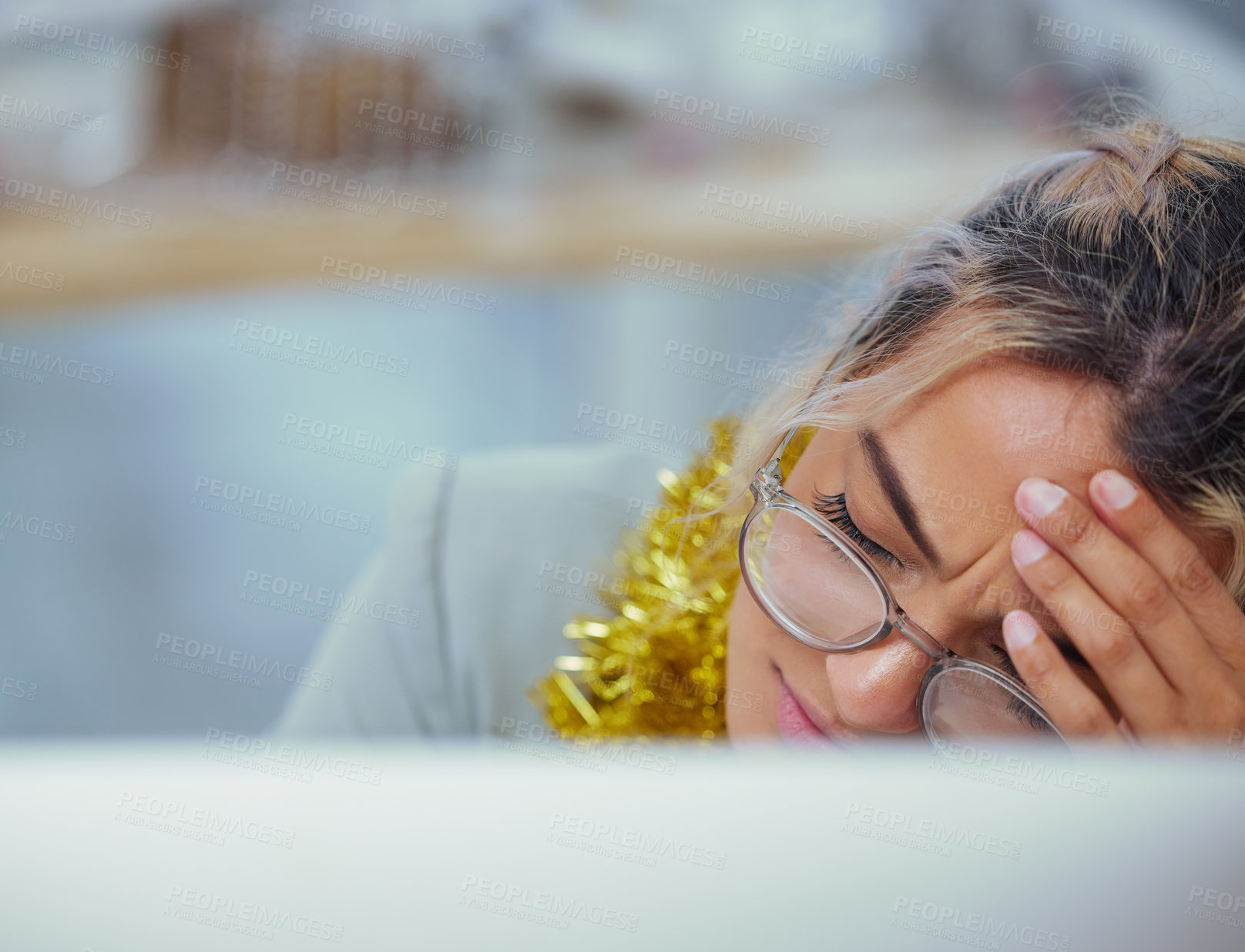 Buy stock photo Woman, headache and stress at desk for Christmas planning, holiday and project deadline in office. Pain, burnout and financial advisor in workplace for investment, research and anxiety for tax