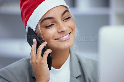 Buy stock photo Phone call, office and smile for Christmas, woman and employee in break, copywriter and creative. Hat, mobile and female worker talking, happiness and person in workplace for holiday and celebration
