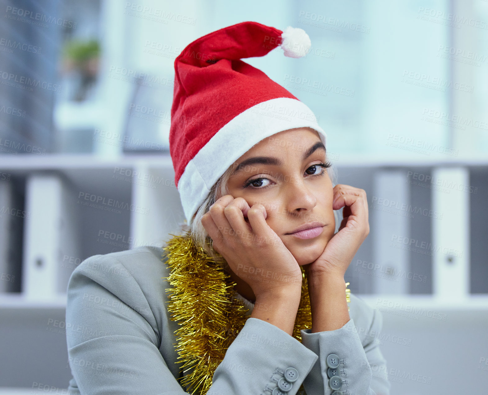 Buy stock photo Portrait, office and bored in Christmas, woman and employee in break, thinking and unhappy in corporate. Secretary, female worker and hat for event, celebration and festive in workplace, sad or moody