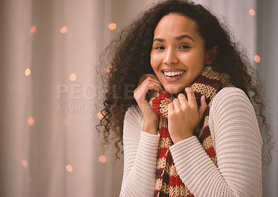 Buy stock photo Woman, winter and portrait with scarf in home, festive lights and Christmas or smile for comfort in cold season. Cozy, warm and Columbia female person, cheerful and xmas spirit on holiday or vacation