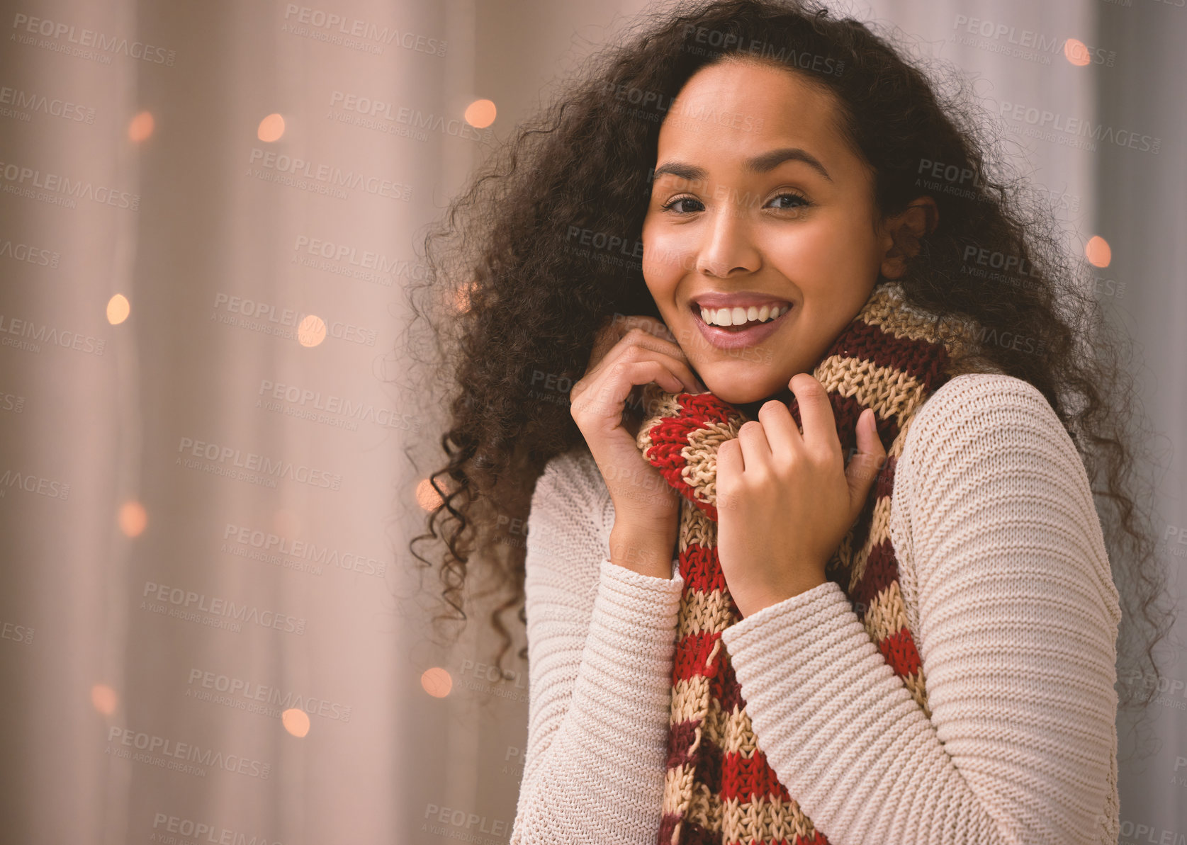 Buy stock photo Woman, winter and portrait with scarf in home, festive lights and Christmas or smile for comfort in cold season. Cozy, warm and Columbia female person, cheerful and xmas spirit on holiday or vacation