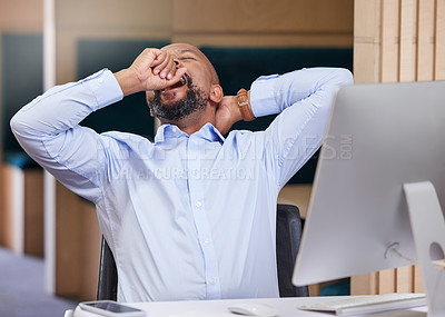 Buy stock photo Tired, stretching and black man yawn in office with overworked entrepreneur at a desk. Burnout, employee and computer of a financial analyst ready for sleep or a break from working on a project