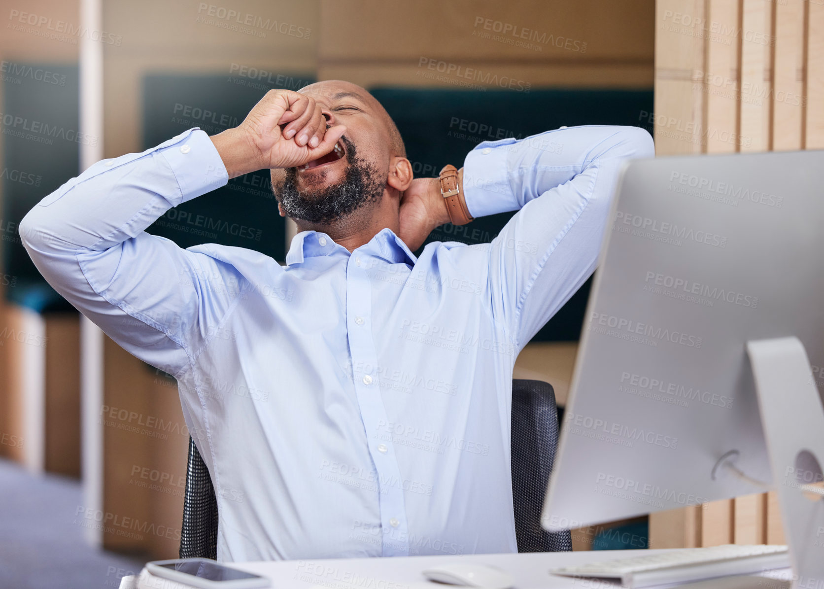 Buy stock photo Tired, stretching and black man yawn in office with overworked entrepreneur at a desk. Burnout, employee and computer of a financial analyst ready for sleep or a break from working on a project