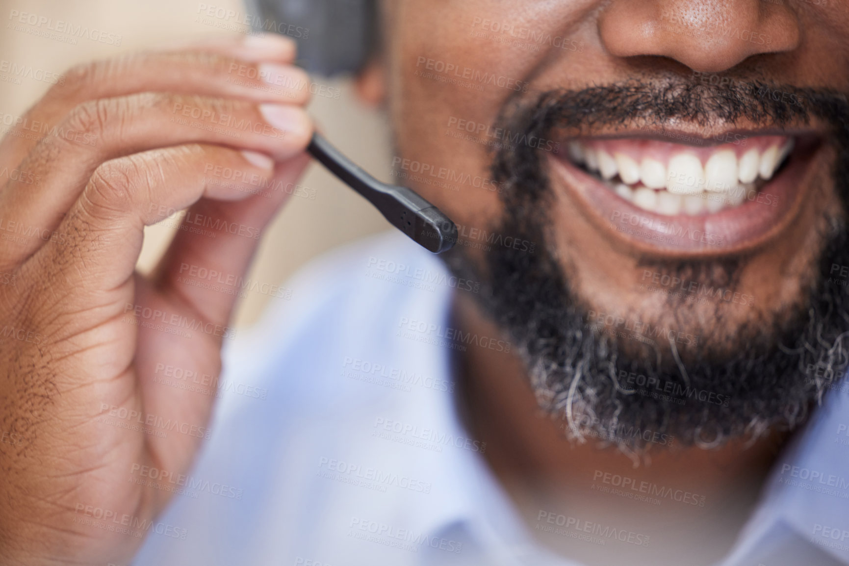 Buy stock photo Call center, mouth and headphones of a man with a smile. from telemarketing and customer service. Web help, working and crm of a sales agent with conversation and happy from consulting call in office