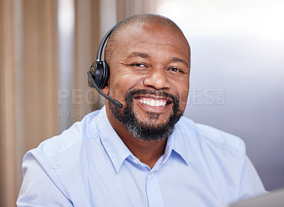 Buy stock photo Call center, portrait and headphones of a black man with smile. from telemarketing and customer service. Web help, working and crm of happy sales agent at internet support and consulting firm