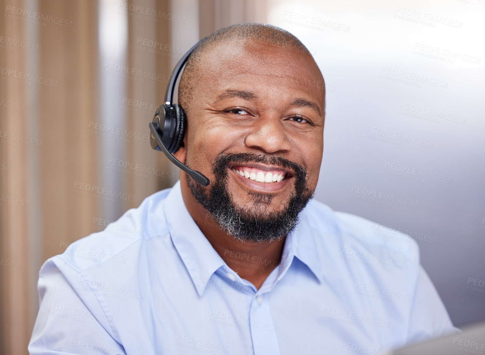 Buy stock photo Call center, portrait and headphones of a black man with smile. from telemarketing and customer service. Web help, working and crm of happy sales agent at internet support and consulting firm
