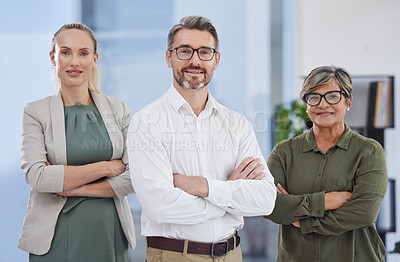 Buy stock photo Business people, portrait and arms crossed with about us, confidence and corporate office at financial advice firm. Consultants, smile and happy at job with investing advisor and proud at company
