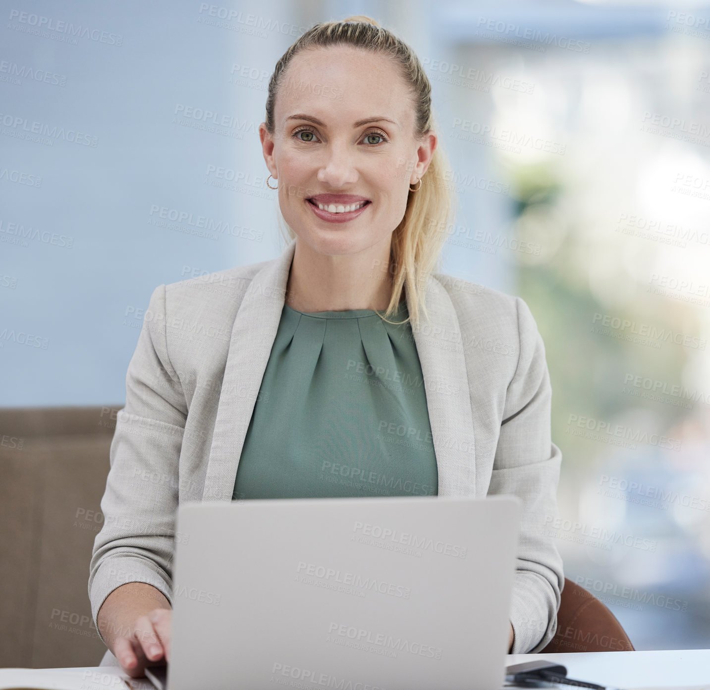 Buy stock photo Laptop, portrait and business woman working at her desk for office planning, digital agency and HR management. Human Resources professional, employee or happy face person on her computer technology