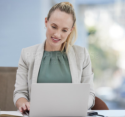 Buy stock photo Laptop, working and business woman, receptionist or secretary with online management, email and typing. Professional worker, employee or person at help desk with computer for company planning