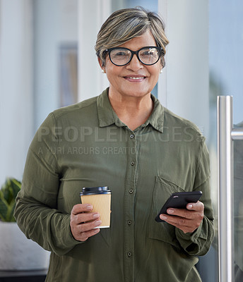 Buy stock photo Business woman, coffee and phone portrait at morning with mobile, smile and confidence at journalist company. Manager, office and creative director at journalism agency with mature employee and drink