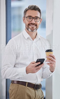 Buy stock photo Phone, coffee and portrait of business man in communication, chat and corporate networking or planning. Professional entrepreneur, CEO or senior person on mobile app, internet or connection in office