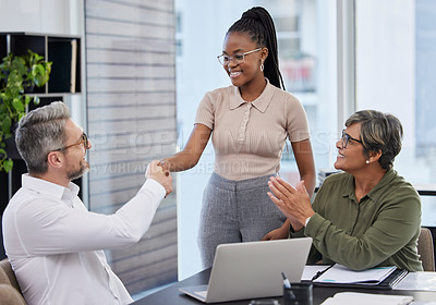 Buy stock photo Handshake, clapping and business people in meeting celebration, success or thank you of promotion. CEO, african woman or employer shaking hands in collaboration, congratulations or interview applause