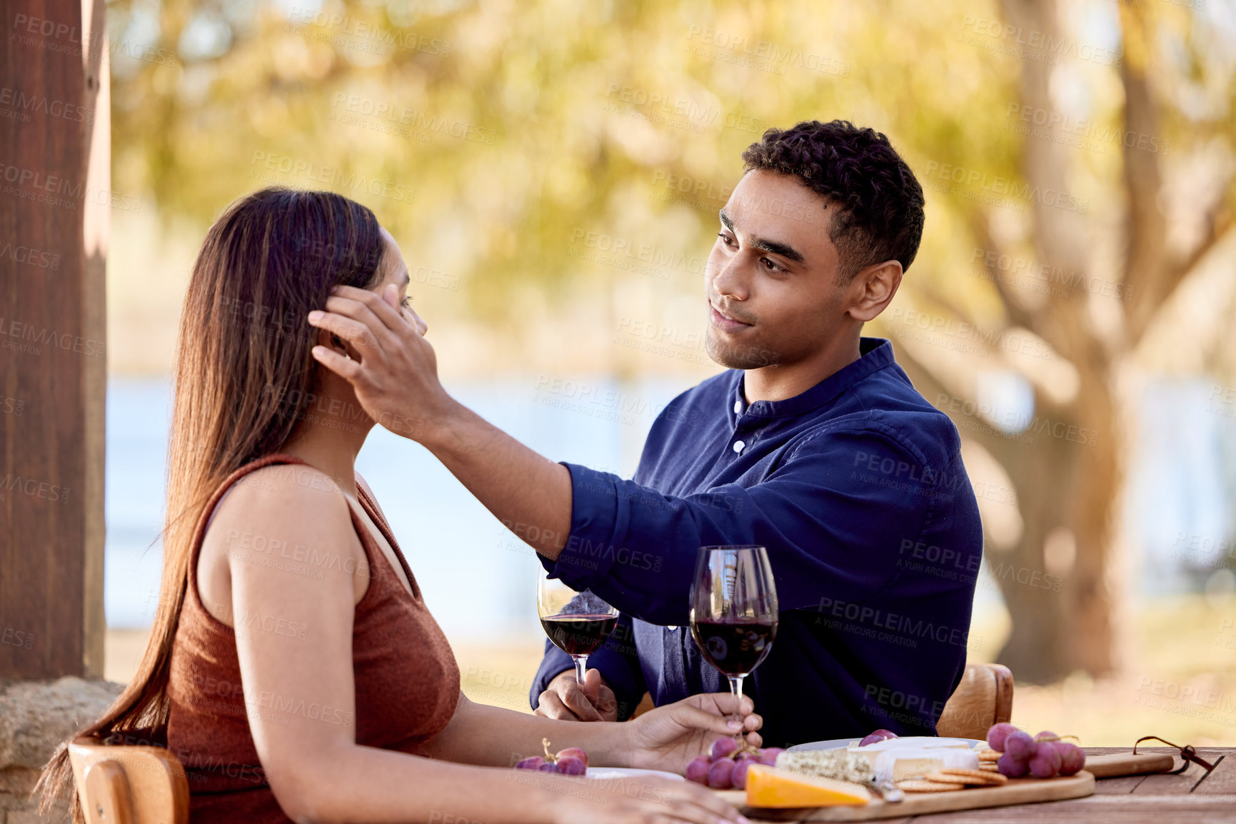 Buy stock photo Shot of a young couple having wine on a date on a wine farm